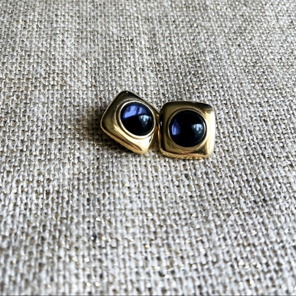 MONET | Y2K Signed Vintage Gold Tone Cobalt Blue Cabochon Pierced Earrings - Picture 3 of 6